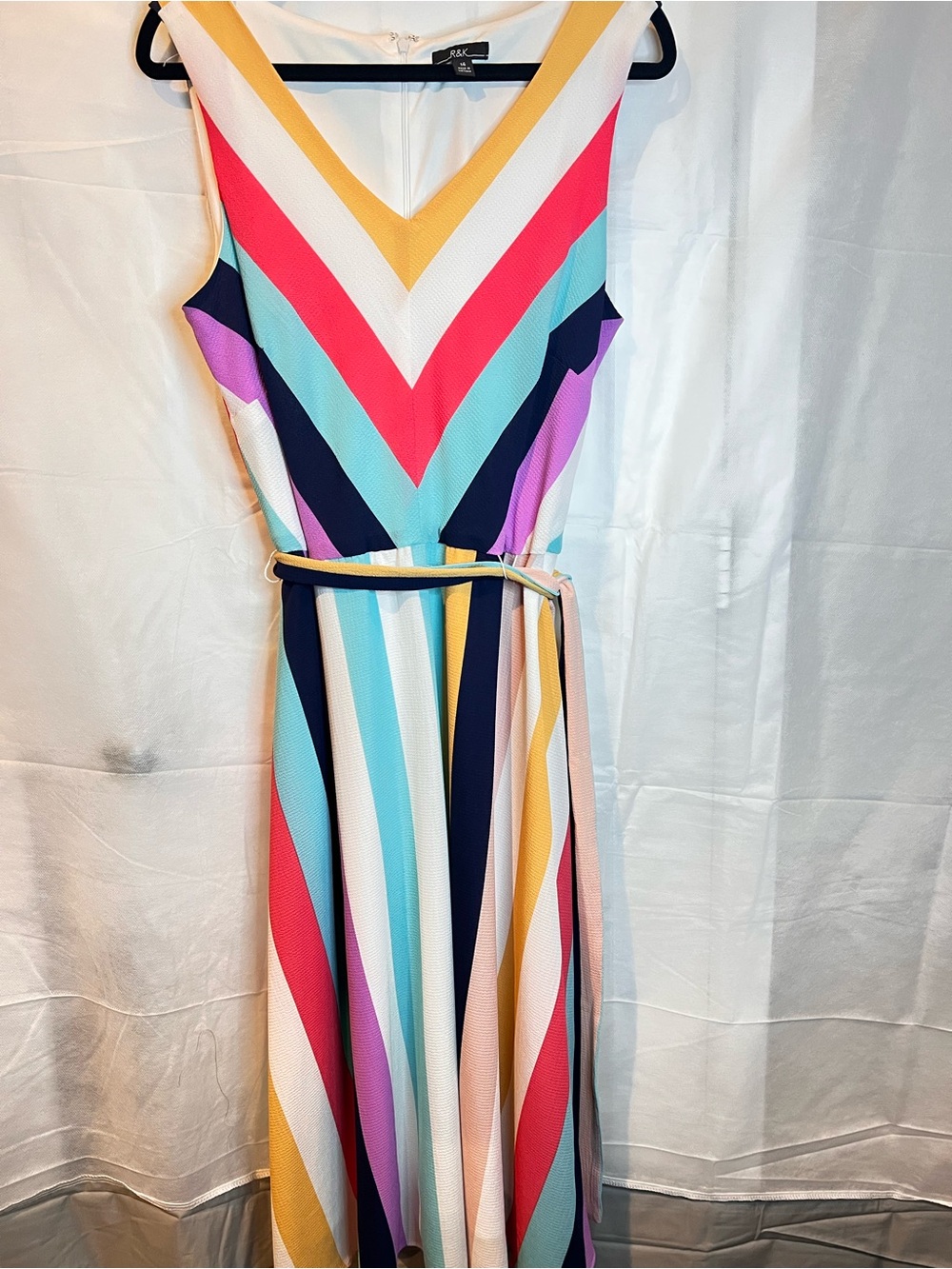 R&K Multicolor Chevron & Vertical Stripe Maxi Dress in Yellow, Pink, Aqua & Navy